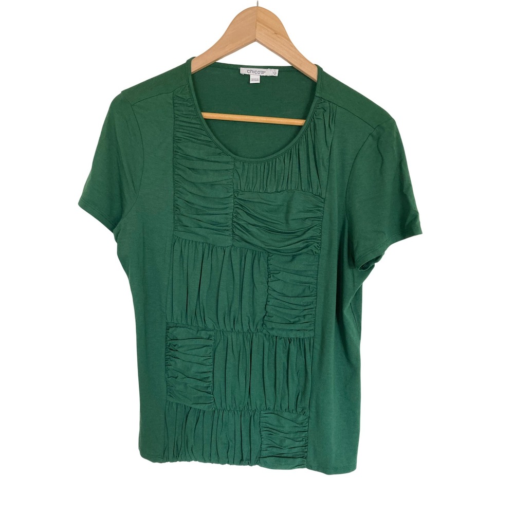 Chicos Forest Green Ruched Patchwork Short Sleeve Knit Top Size 1 M Round Neck